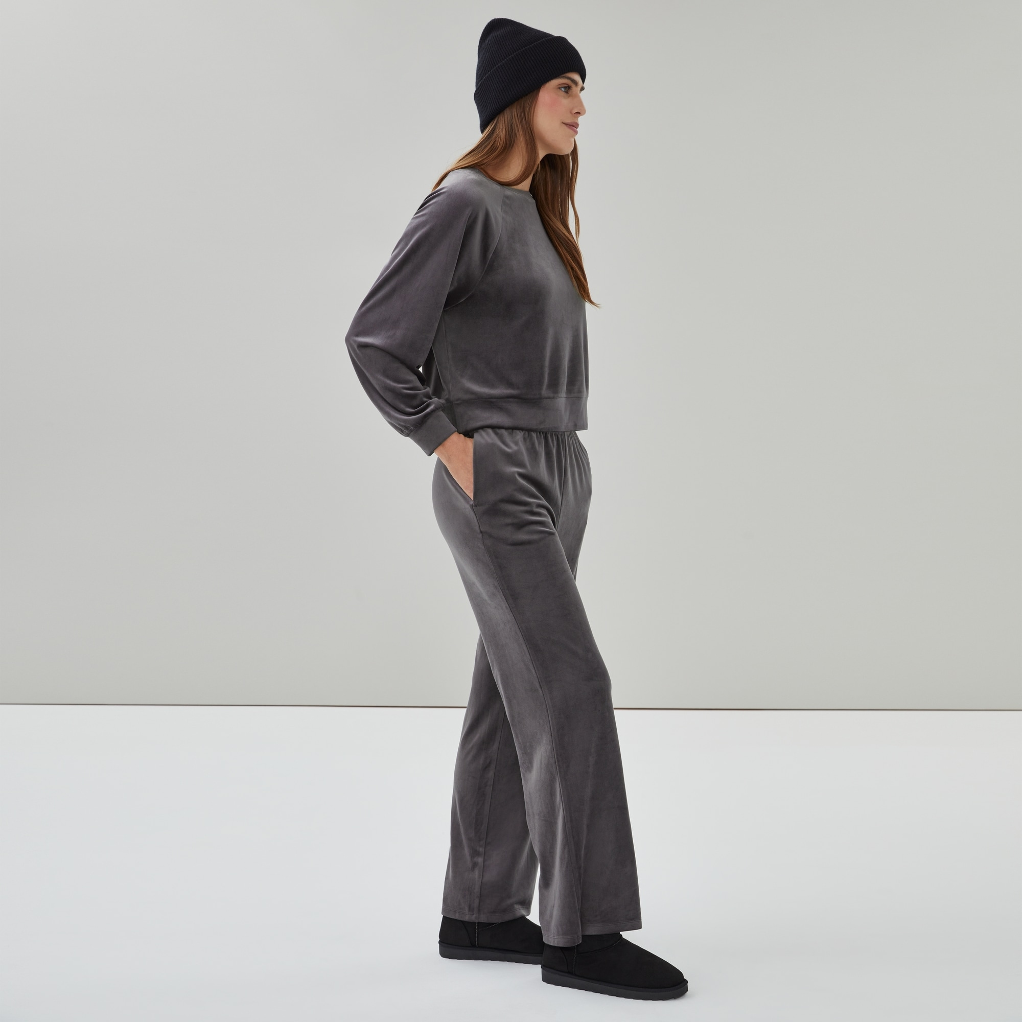 Velour Wide Leg Pant in Ash Grey from Joe Fresh