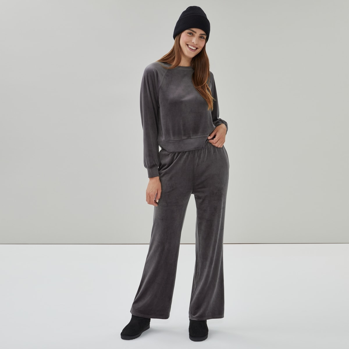 Velour Wide Leg Pant - Ash Grey