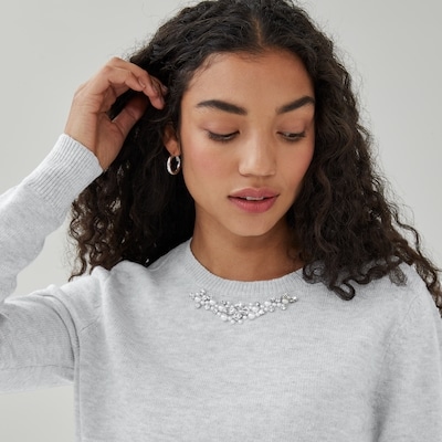 Embellished Neck Sweater - Grey Mix