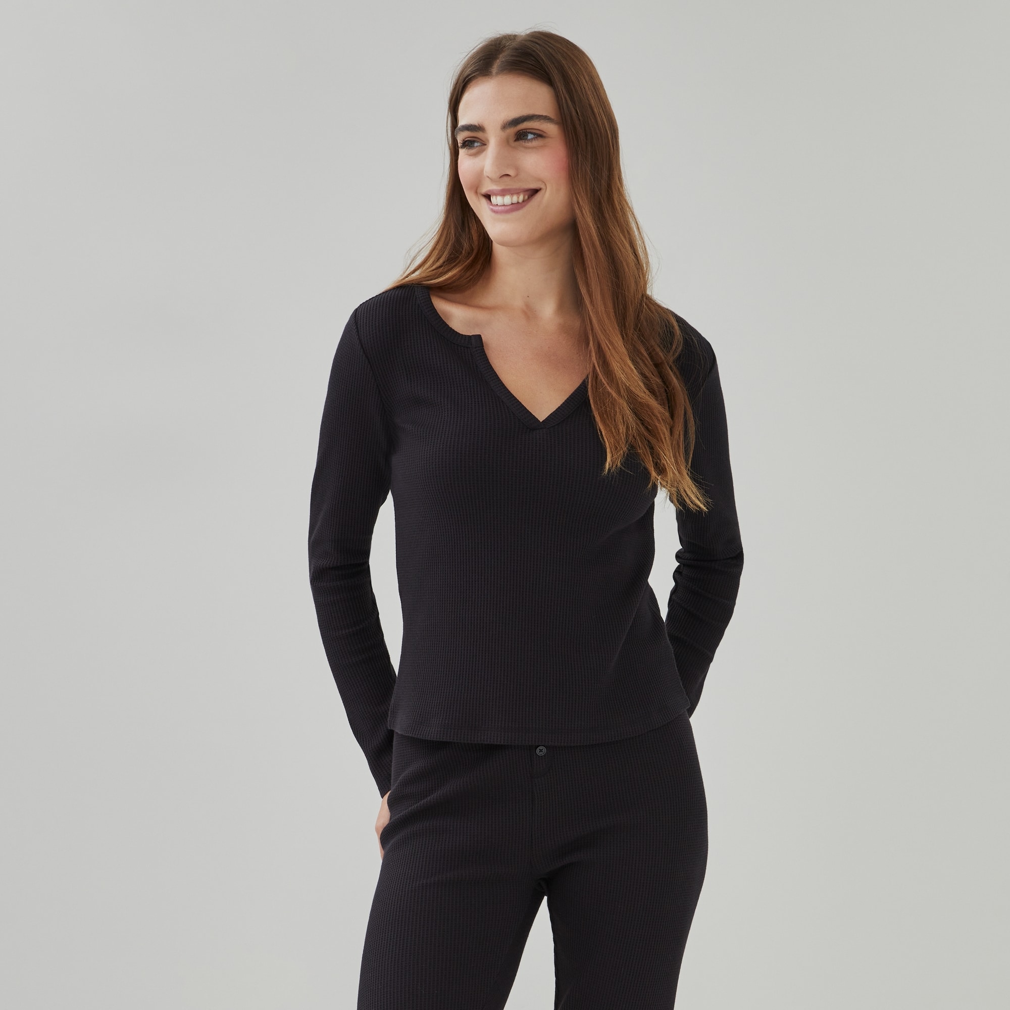 Waffle Knit Long Sleeve Sleep Top in Black from Joe Fresh