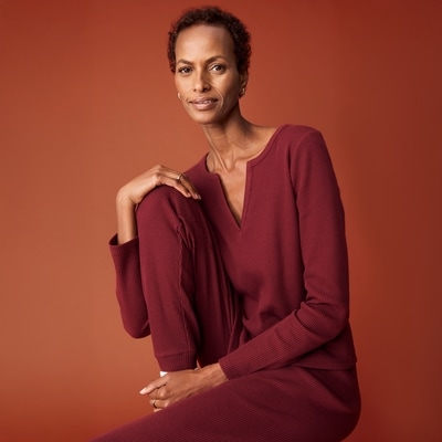 Waffle Knit Long Sleeve Sleep Top - Burgundy