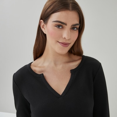 Waffle Knit Long Sleeve Sleep Top - Black