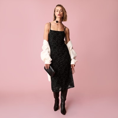 Flocked Mesh Midi Dress - Black