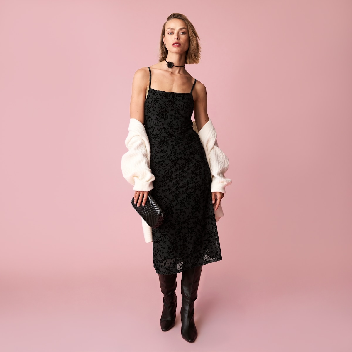 Flocked Mesh Midi Dress