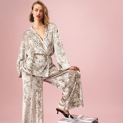 Crushed Velvet Wide Leg Pant - Taupe