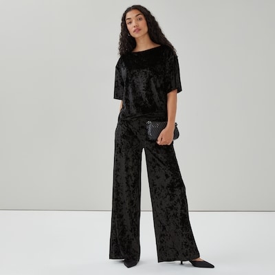 Pantalon en velours froissé à jambe large - Noir JF