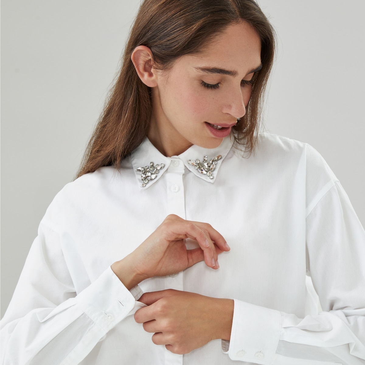 Embellished Collar Poplin Shirt - Bright White