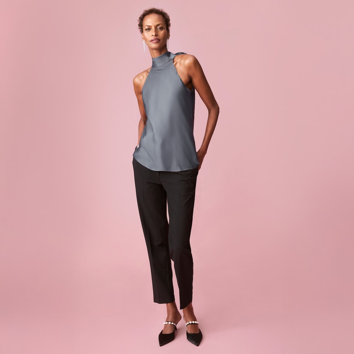 Satin Halter Tank - Slate Grey