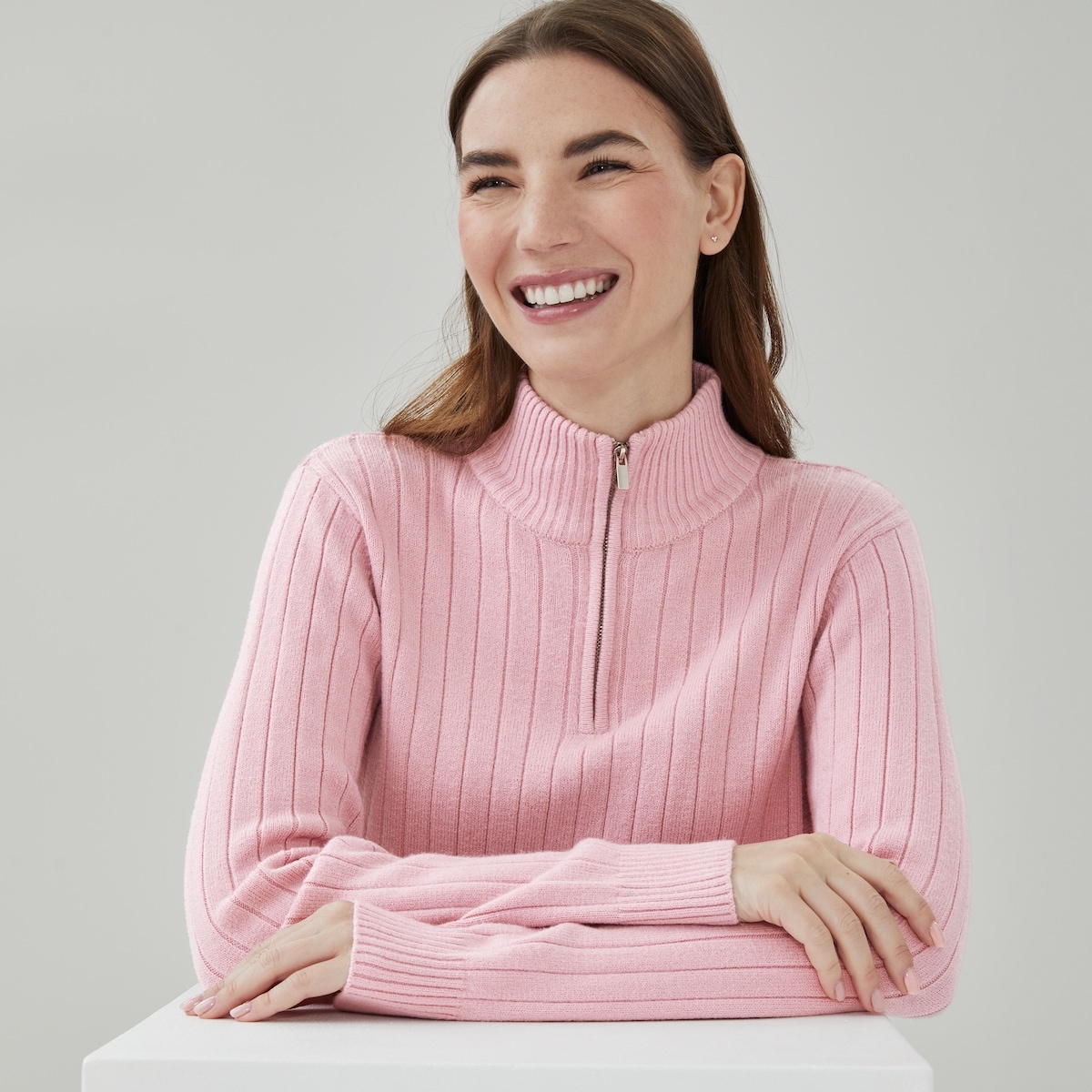 Chandail ctel fermeture clair un quart - Rose Cendr