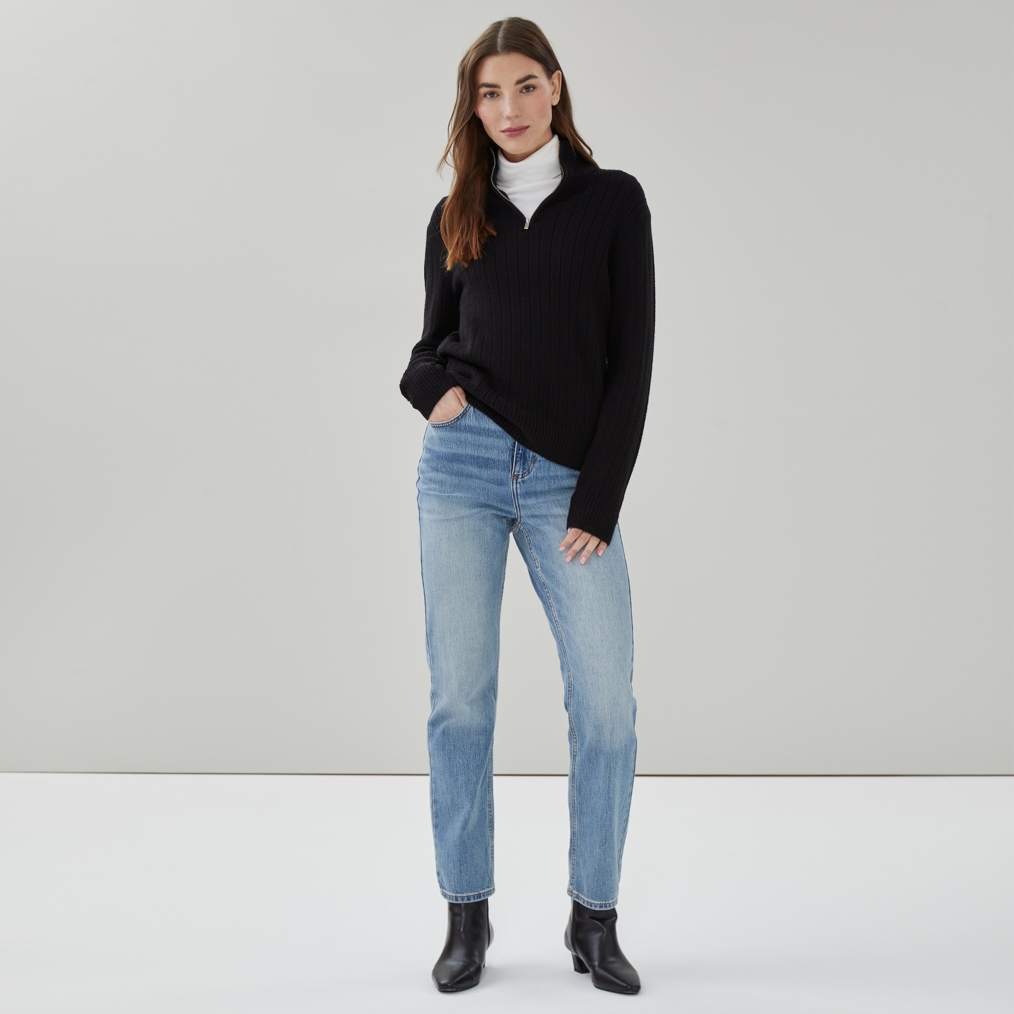 Ribbed Quarter-Zip Pullover in JF Black from Joe Fresh