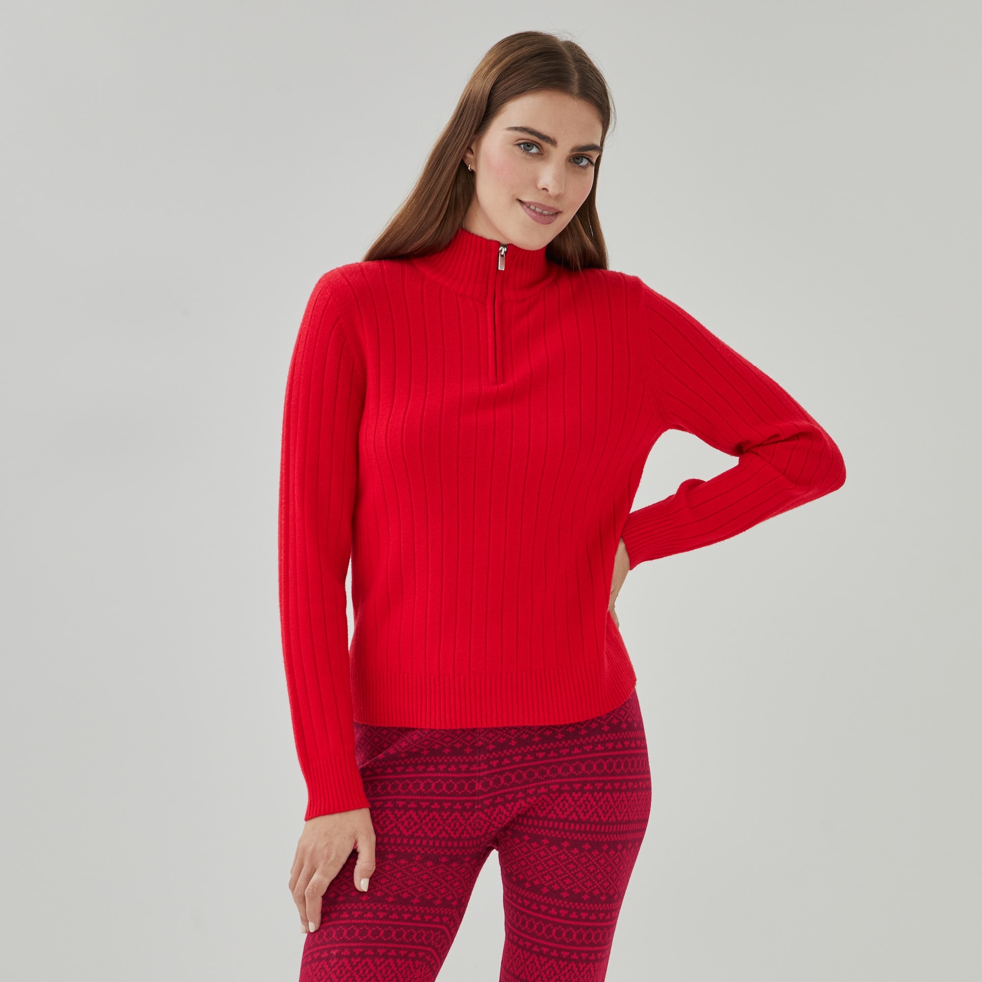 Ribbed Quarter-Zip Pullover in Red from Joe Fresh