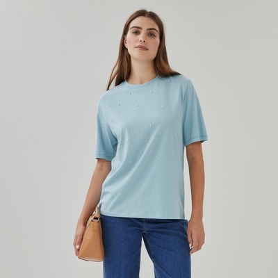 Embellished Cotton T-Shirt - Light Blue