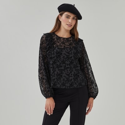 Flocked Mesh Babydoll Top - Black