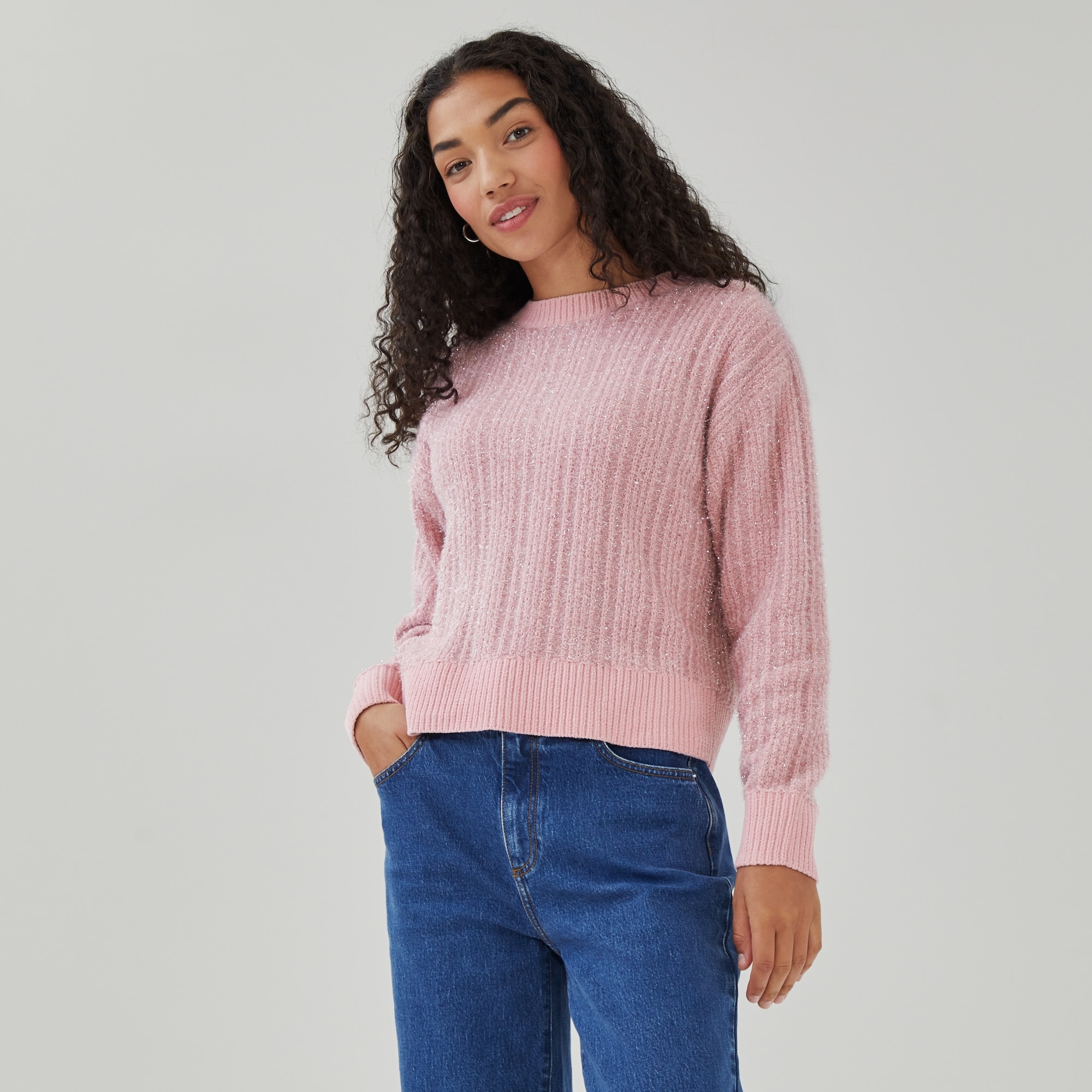 Metallic Eyelash Knit Pullover in Dusty Pink from Joe Fresh