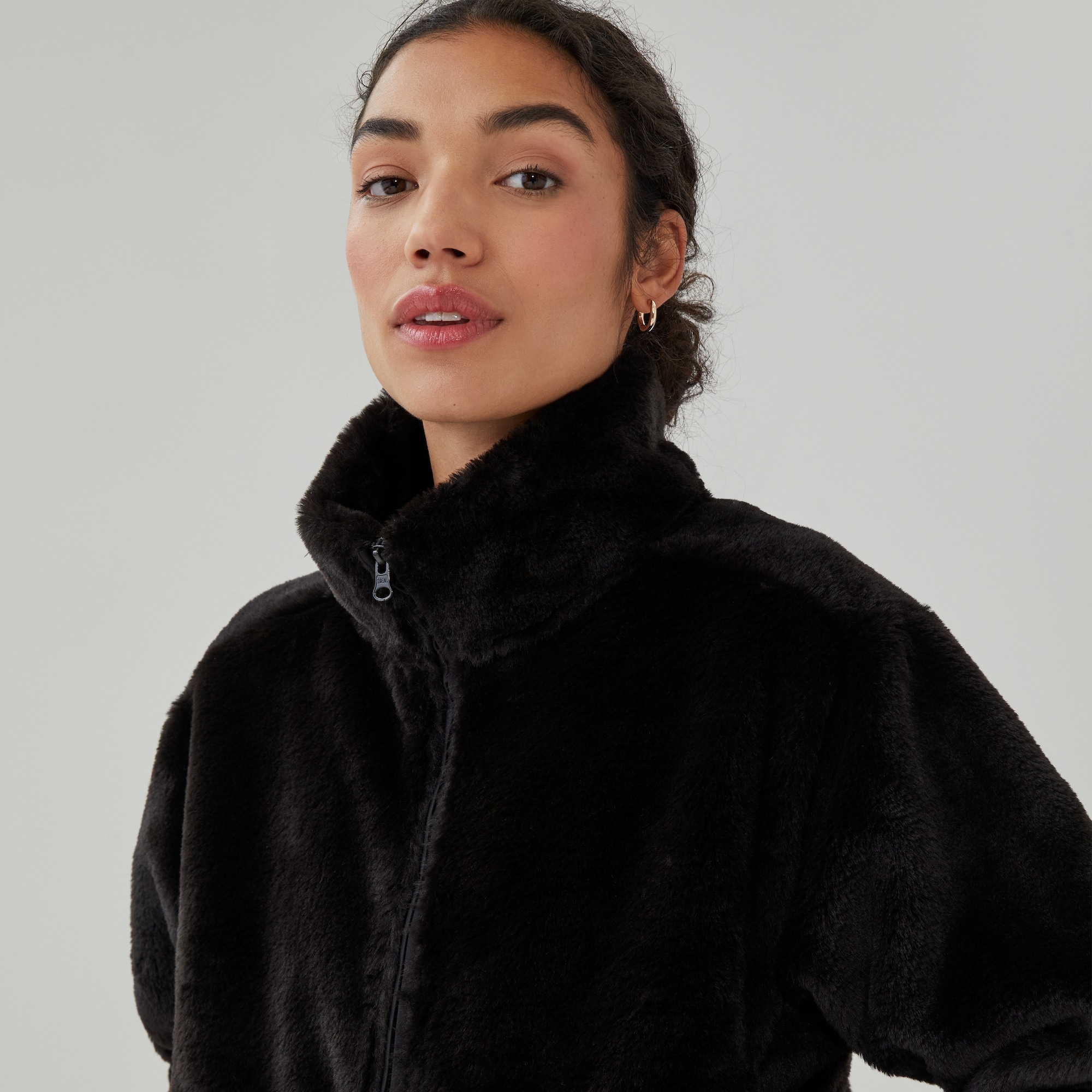 Active Faux Fur Zip-Up Jacket in Black from Joe Fresh