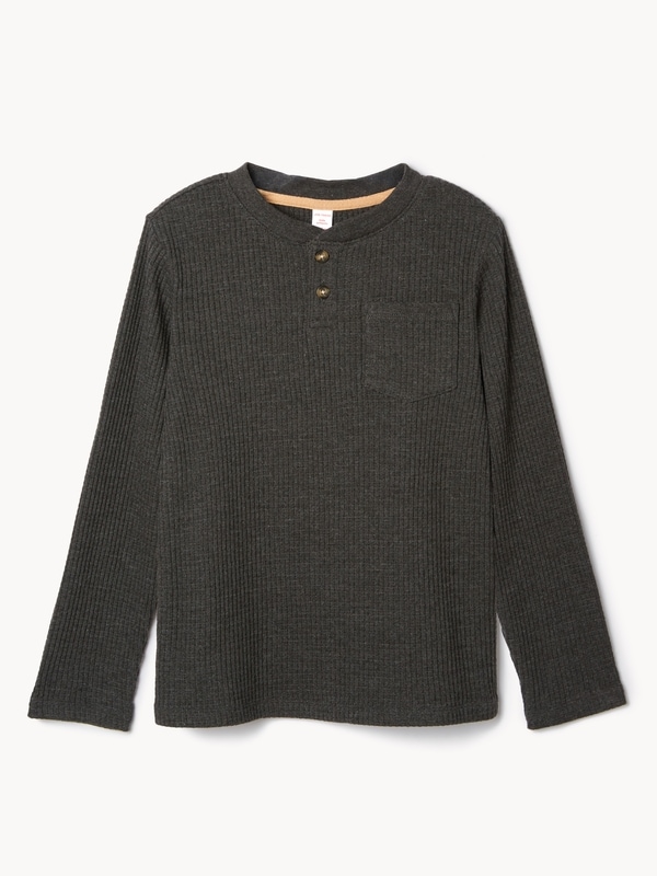 Kid Boys' Waffle-Knit Henley Shirt - Charcoal Melange