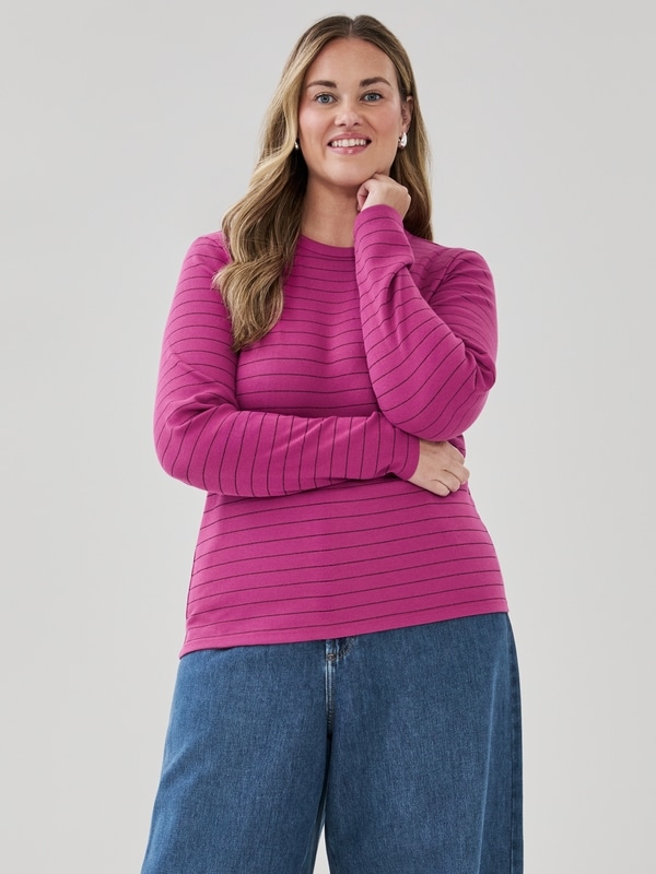 Women+ Ribbed Striped Long Sleeve Top - Dark Fuchsia