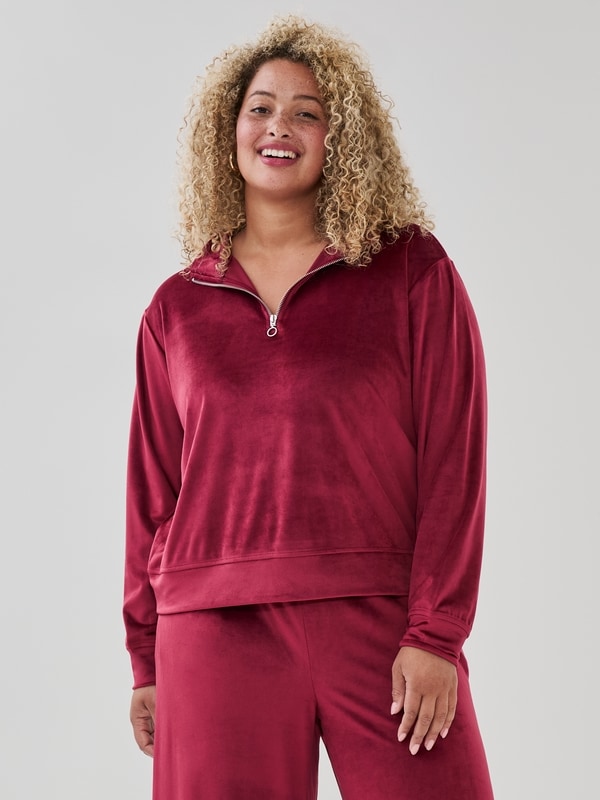Women+ Velour Quarter-Zip Pullover - Dark Red