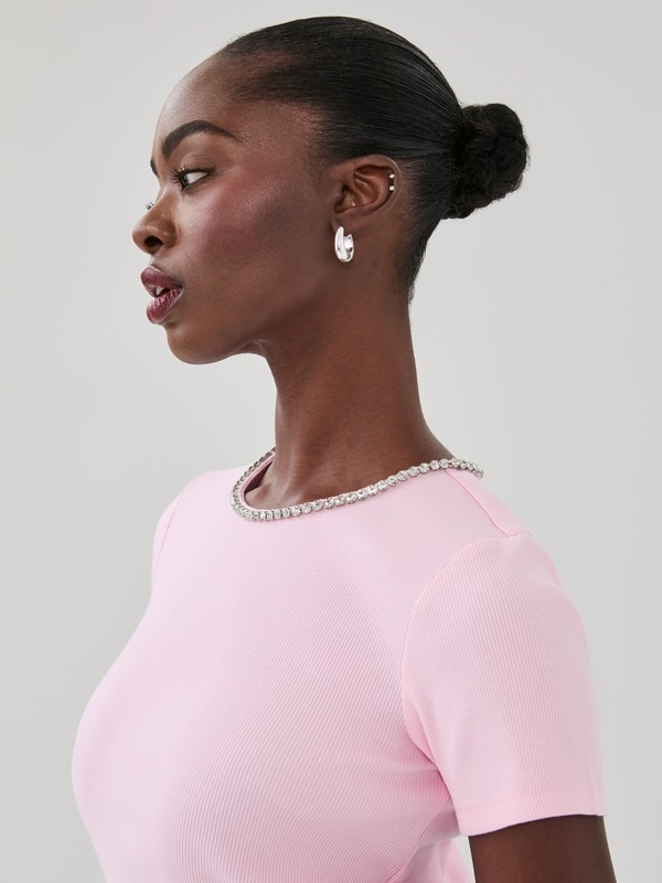 Ribbed Embellished Necklace Top - Light Pink