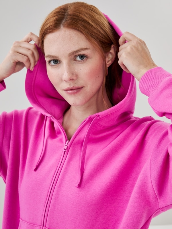 Active Fuzzy Fleece Zip-Up Hoodie - Bright Pink