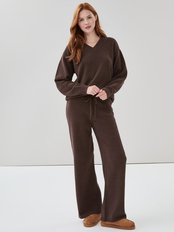 Active Chenille Wide Leg Pant - Dark Brown