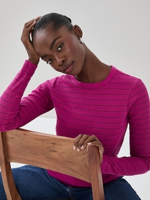 Ribbed Striped Long Sleeve Top - Dark Fuchsia