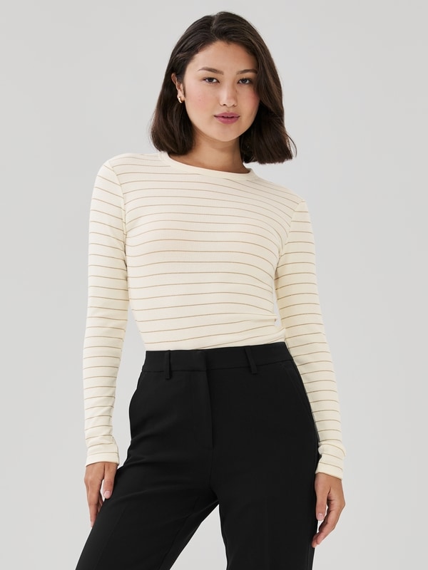 Ribbed Striped Long Sleeve Top - Cream