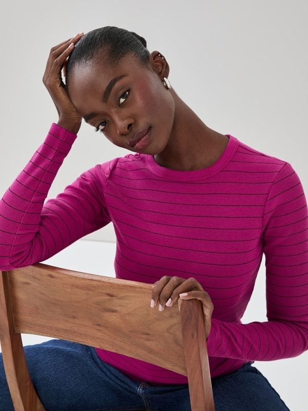 Ribbed Striped Long Sleeve Top - Dark Fuchsia