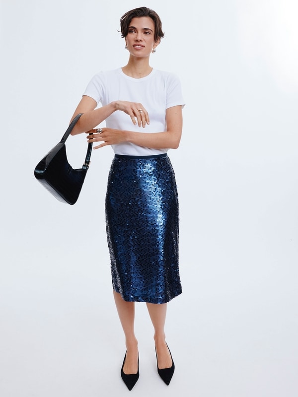 Jupe midi à paillettes - Bleu