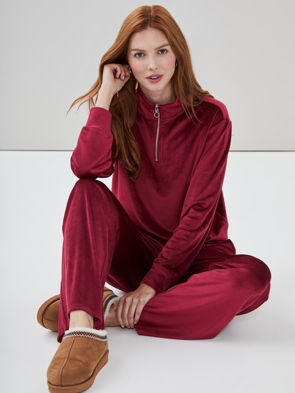 Velour Quarter-Zip Pullover - Dark Red