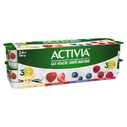 Activia Yogourt probiotique, saveur fraise / framboise / vanille / bleuets 24x100.0 g, 0,62 $/100g