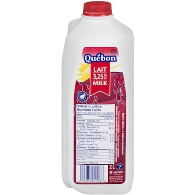 QUÉBON Lait homogénéisé 3.25% M.F. 2 l, 0,23 $/100ml