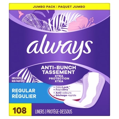 Always Anti-Bunch Xtra Protection Daily Liners, Regular Length, Unscented, 108 Count 108 ea, $0.13/1ea