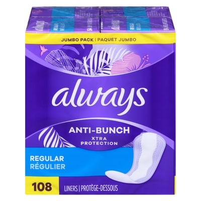 Always Anti-Bunch Xtra Protection Daily Liners, Regular Length, Unscented, 108 Count 108 ea, $0.11/1ea