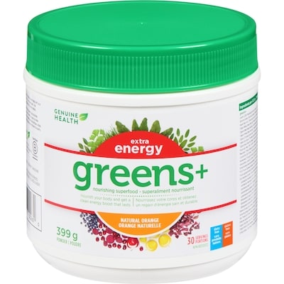 Genuine Health extra energy, greens+, orange naturelle, superaliment en poudre, sans OGM 399 g, 19,05 $/100g