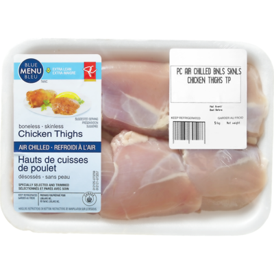 President's Choice Air Chilled Chicken Thighs, Boneless Skinless, Tray Pack $22.02/1kg $9.99/1lb