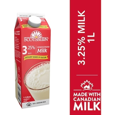Scotsburn 3.25% Homogenized Milk 1 l, $0.28/100ml