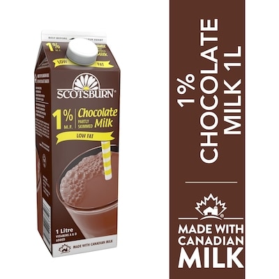 Scotsburn 1% Chocolate Partly Skimmed Milk 1 l, $0.34/100ml