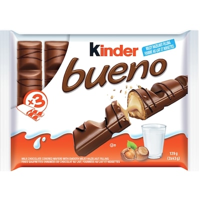 Kinder Barres BUENO au chocolat au lait et à la crème aux noisettes; Trois-paquetun, chaque paquet individuel contient 2 barres emballées individuellement 129 g, 3,79 $/100g