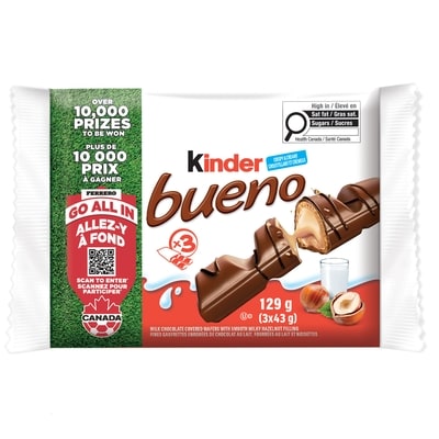 Kinder BUENO barre de gaufrettes croustillantes enrobées de chocolat au lait, avec de la crème aux noisettes, 3 paquets de 2 barres-gaufrettes emballées individuellement par paquet 129 g, 4,64 $/100g