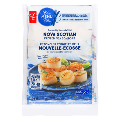 PC Blue Menu Wild Nova Scotian Sea Scallops, Frozen 400 g, $6.50/100g
