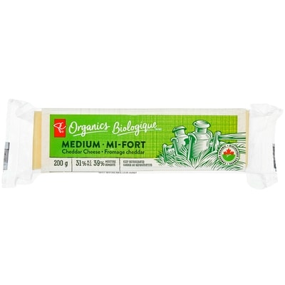 PC Biologique Fromage Cheddar Mi-Fort 200 g, 4,00 $/100g
