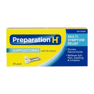 Preparation H Multisymptom Hemorrhoid Treatment Suppositories With Biodyne, 24Count 24 ea, $1.00/1ea