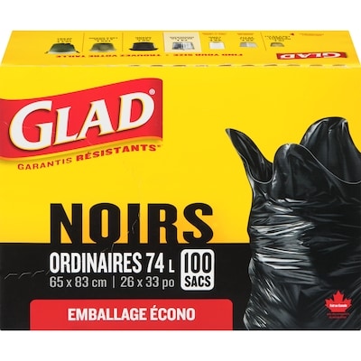 Glad Sacs À Ordures Noirs Ordinaires 74L, Boîte De 100 Sacs À Ordures 100 ea, 0,28 $/1ch