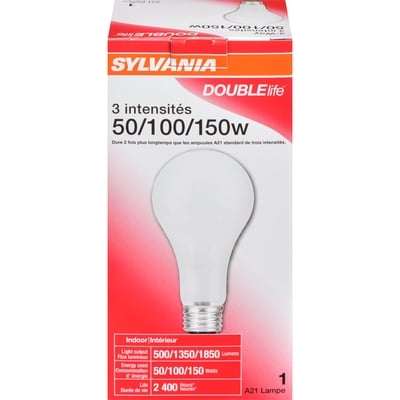 Sylvania Double Life 3-Way 50W/100W/150W Light Bulb, Soft White 1 ea, $7.00/1ea