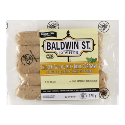 Baldwin St. Saucisses de poulet au basilic casher 375 g, 3,20 $/100g