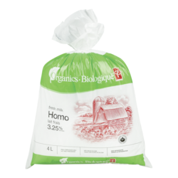 PC Biologique Lait Homogénéisé 3,25 % M.G. 4 l, 0,29 $/100ml