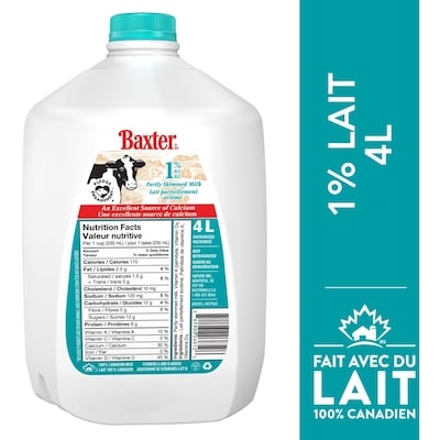 Baxter Lait partiellement écrémé 1% 4 l, 0,22 $/100ml