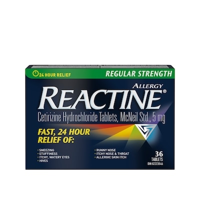 Reactine Regular Strength Antihistamine Tablets -  5mg Cetirizine Hydrochloride - 24 Hour Allergy Relief Medicine  36 ea, $0.78/1ea