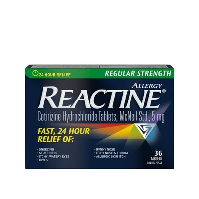 Reactine Regular Strength Antihistamine Tablets -  5mg Cetirizine Hydrochloride - 24 Hour Allergy Relief Medicine  36 ea, $0.78/1ea